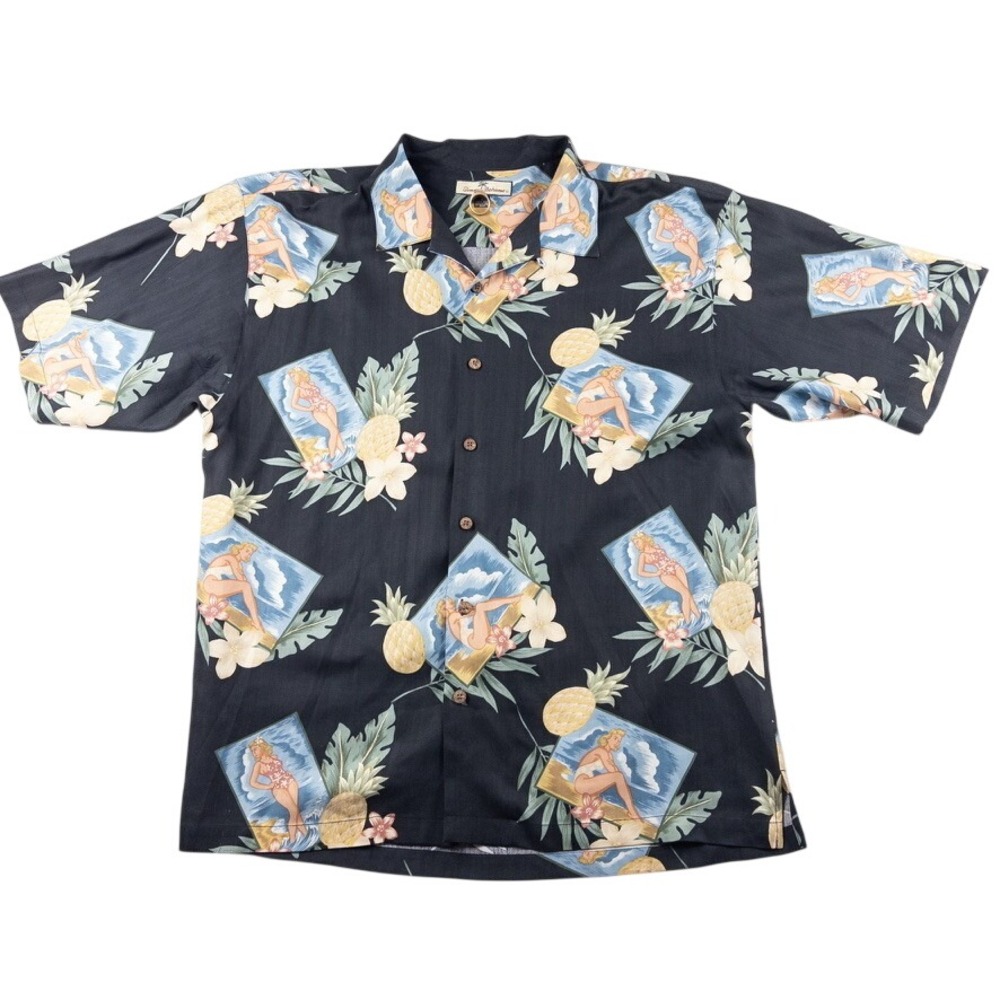 Tommy Bahama Shirt Mens XL Black Silk Pinup Girl Pineapple Aloha Shirt Coconut